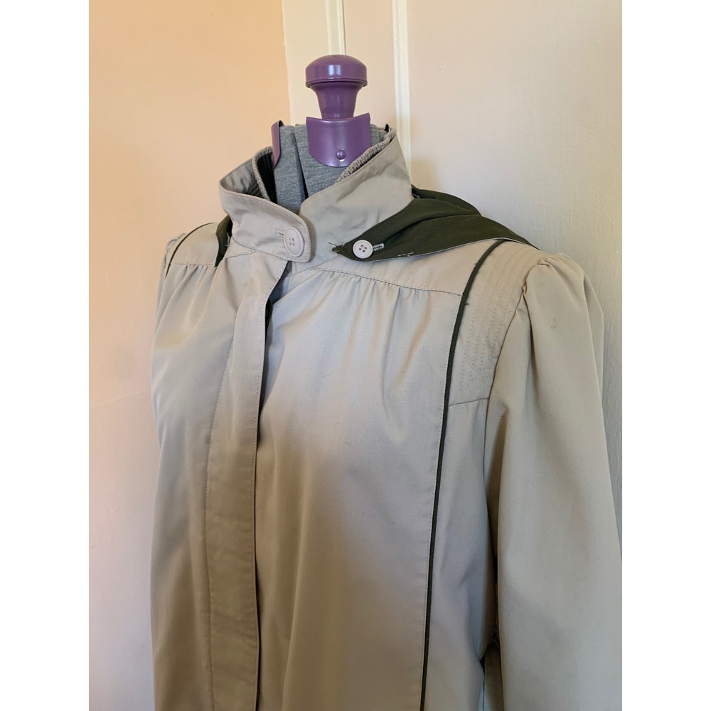 Vintage 80s Beige Trench Coat Green Accents & Hood Size 14 Duster Length Belt - Picture 2 of 12